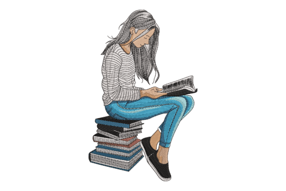 Book Lover Girl: A Charming Embroidery Design for Readers