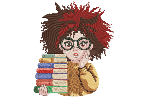 Curly Haired Girl with Books: Adding Literary Charm to Your Textiles
