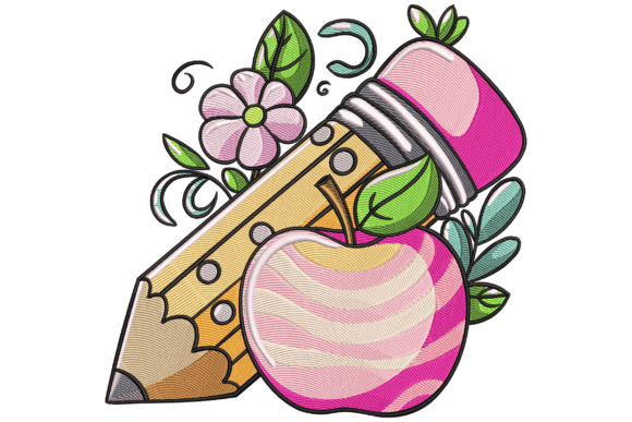 Pencil and Apple: A Quirky Embroidery Design
