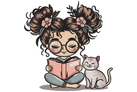 Reading Girl with Cat: A Charming Embroidery Design for Your Creative Projects